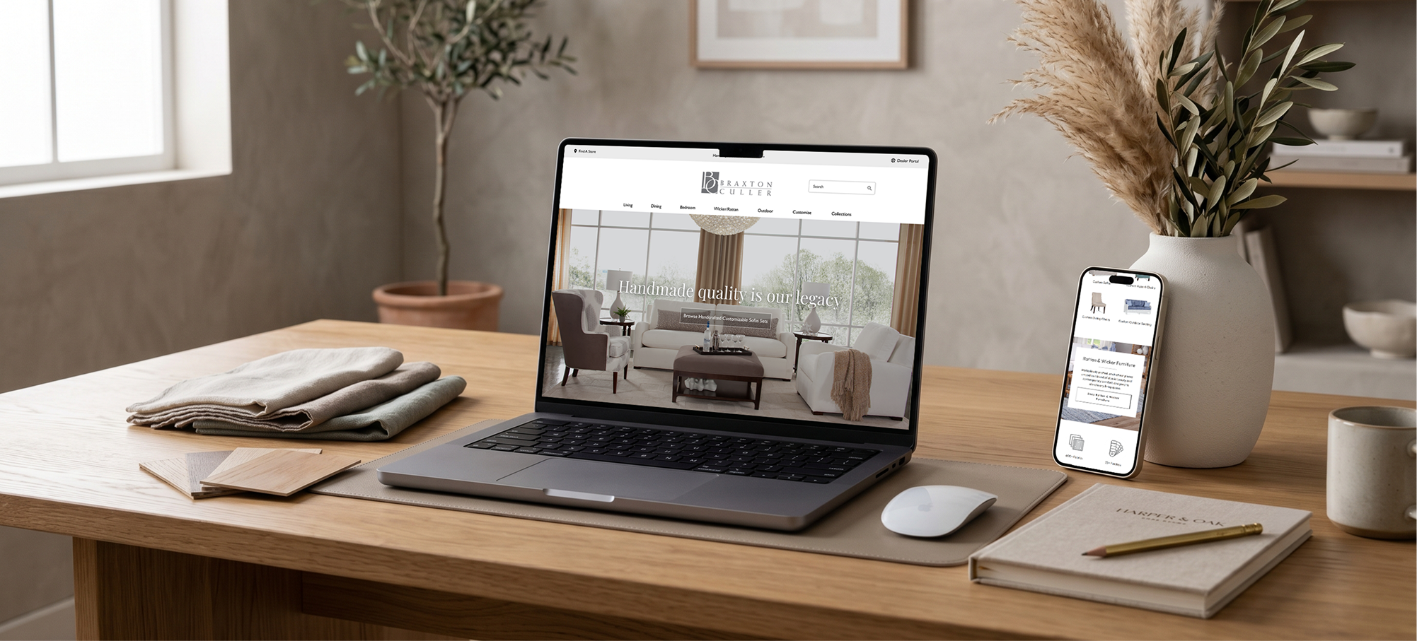 Braxton Culler website shown on a laptop and phone styled on a desk