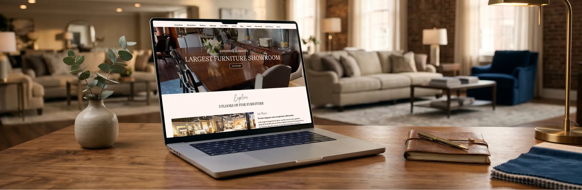 Birmingham Wholesale furniture showroom website on a laptop