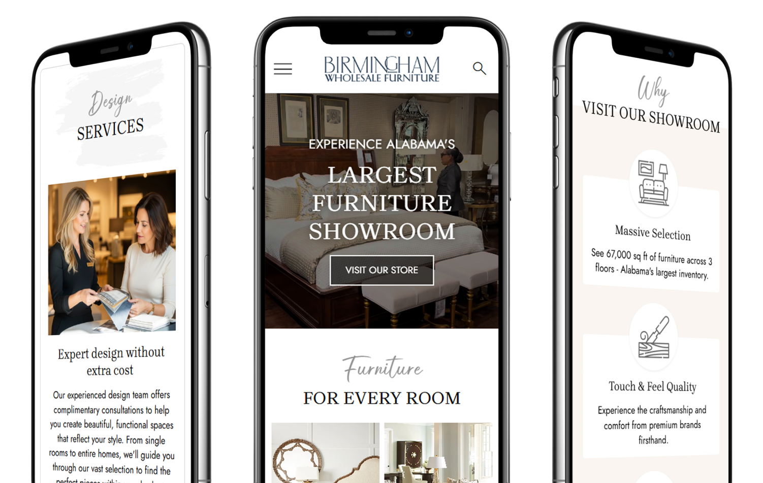 The redesigned Birmingham Wholesale site shown across three mobile phones