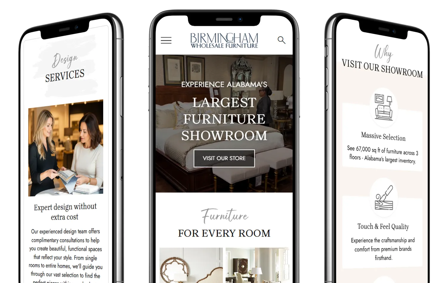 The redesigned Birmingham Wholesale site shown across three mobile phones