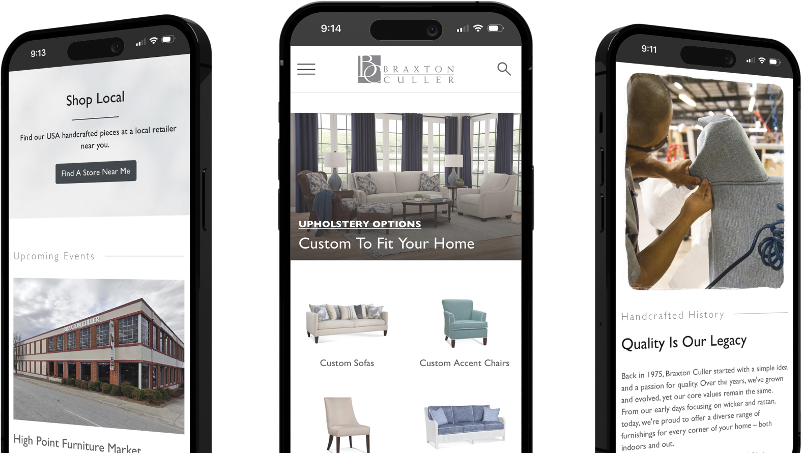 The Braxton Culler site shown across three mobile phones