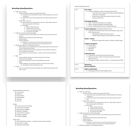 Planning documents and content outlines for the Braxton Culler site
