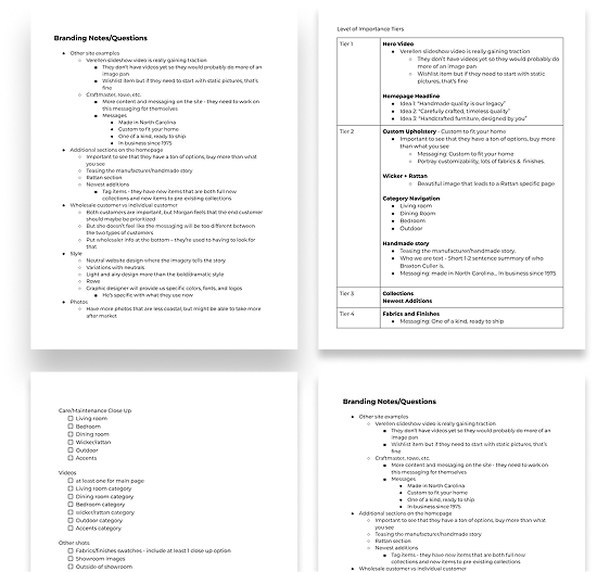 Planning documents and content outlines for the Braxton Culler site