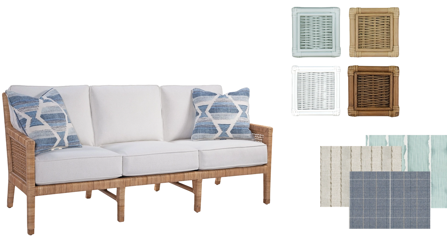 A Braxton Culler sofa beside rattan finish samples and fabric swatches