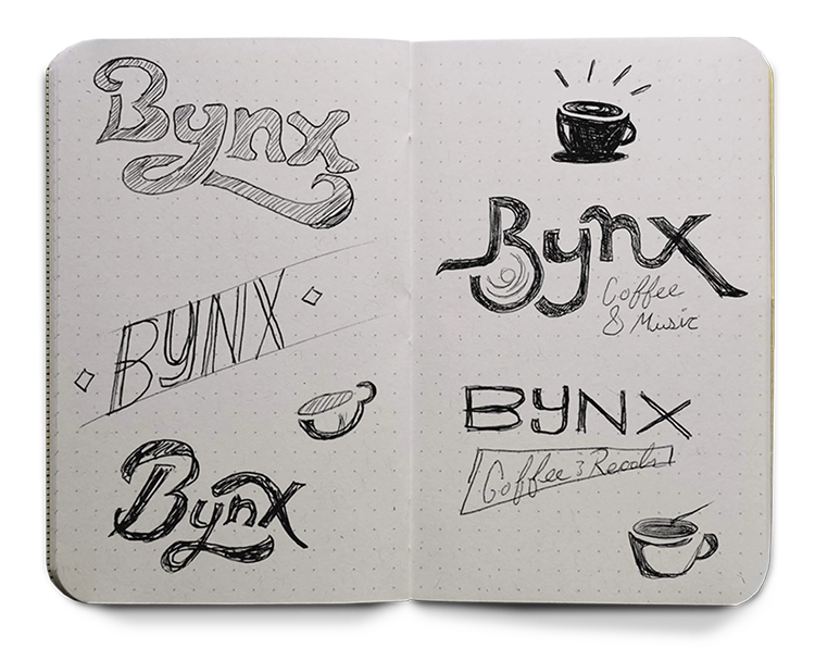 Notebook sketches exploring hand-lettered Bynx logo concepts