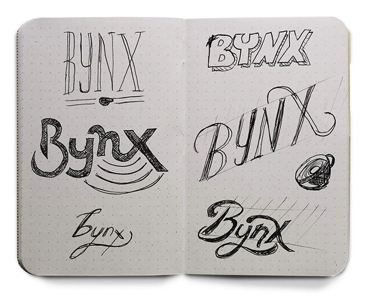 A second page of notebook sketches refining the Bynx letterforms