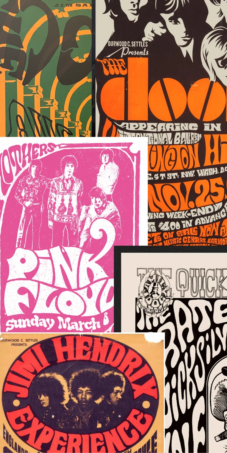 Moodboard of vintage psychedelic concert posters, including The Doors, Pink Floyd, and Jimi Hendrix