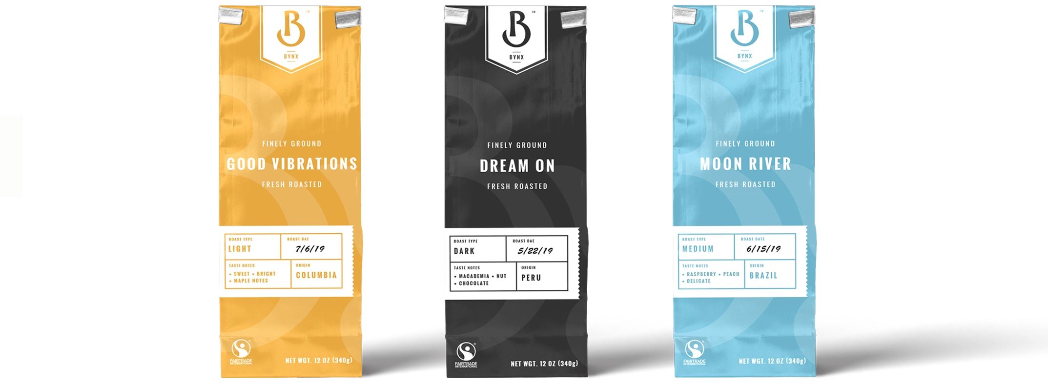 Three Bynx coffee bag designs: Good Vibrations in yellow, Dream On in black, and Moon River in blue