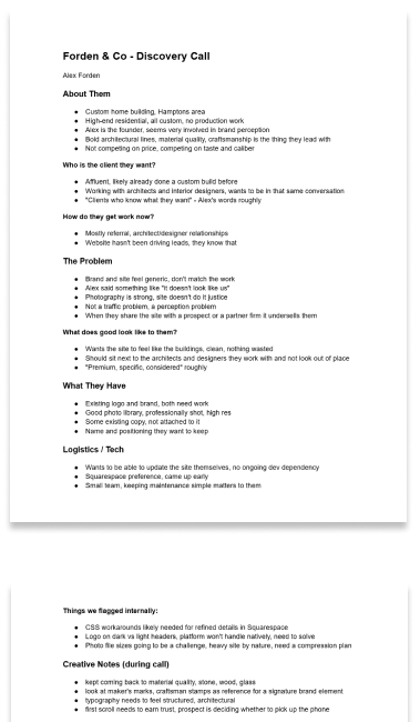 Planning documents for the Forden & Co brand and website