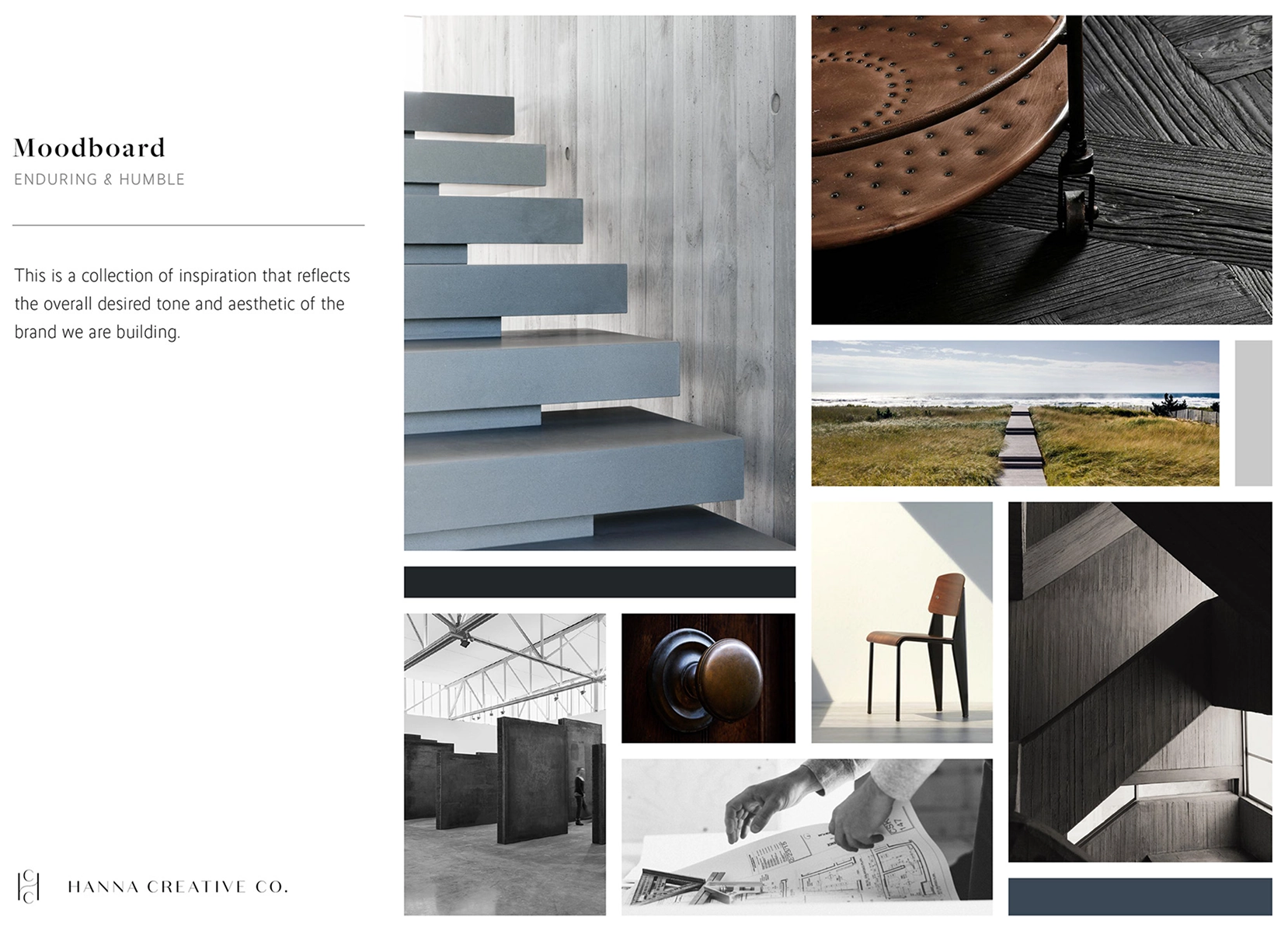 The Enduring & Humble moodboard for the Forden & Co brand, with architectural material and texture photography