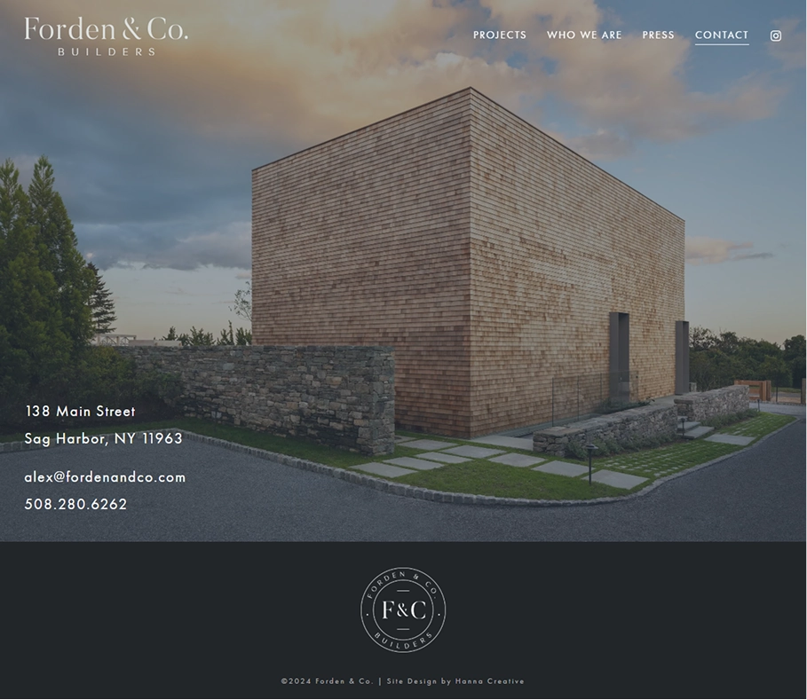 The Forden & Co contact page over a photo of a cedar-clad home at dusk