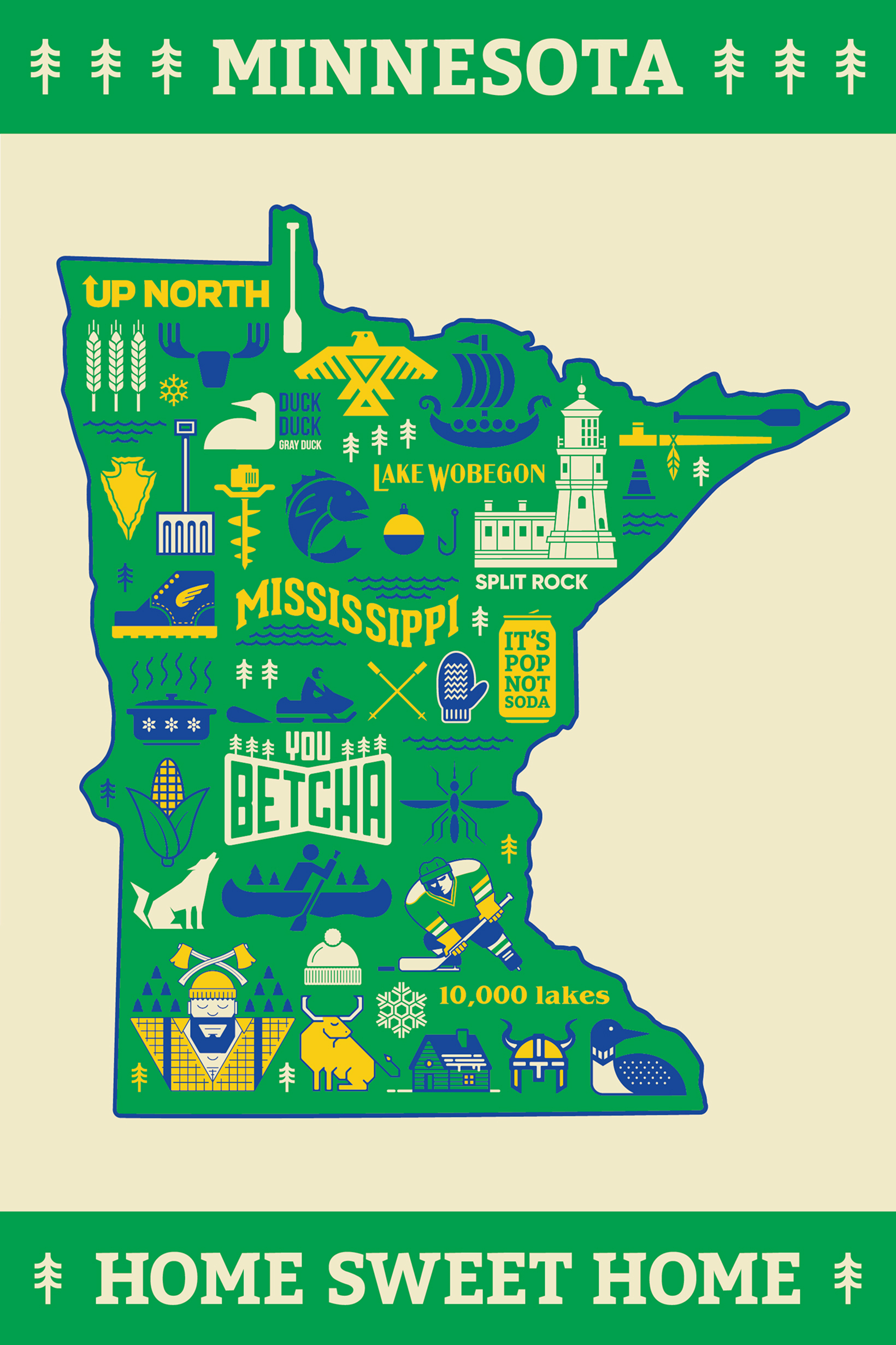 The complete Minnesota Icons poster, arranged in the silhouette of the state