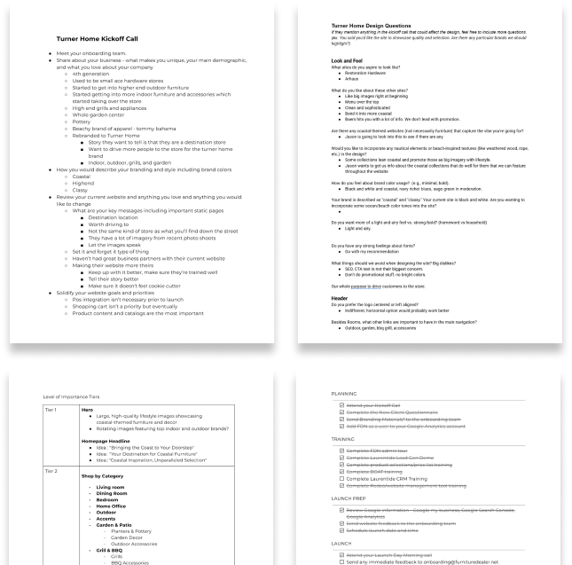 Planning documents and content outlines for the Turner Home site