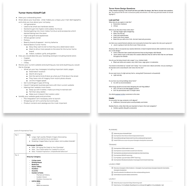 Planning documents and content outlines for the Turner Home site